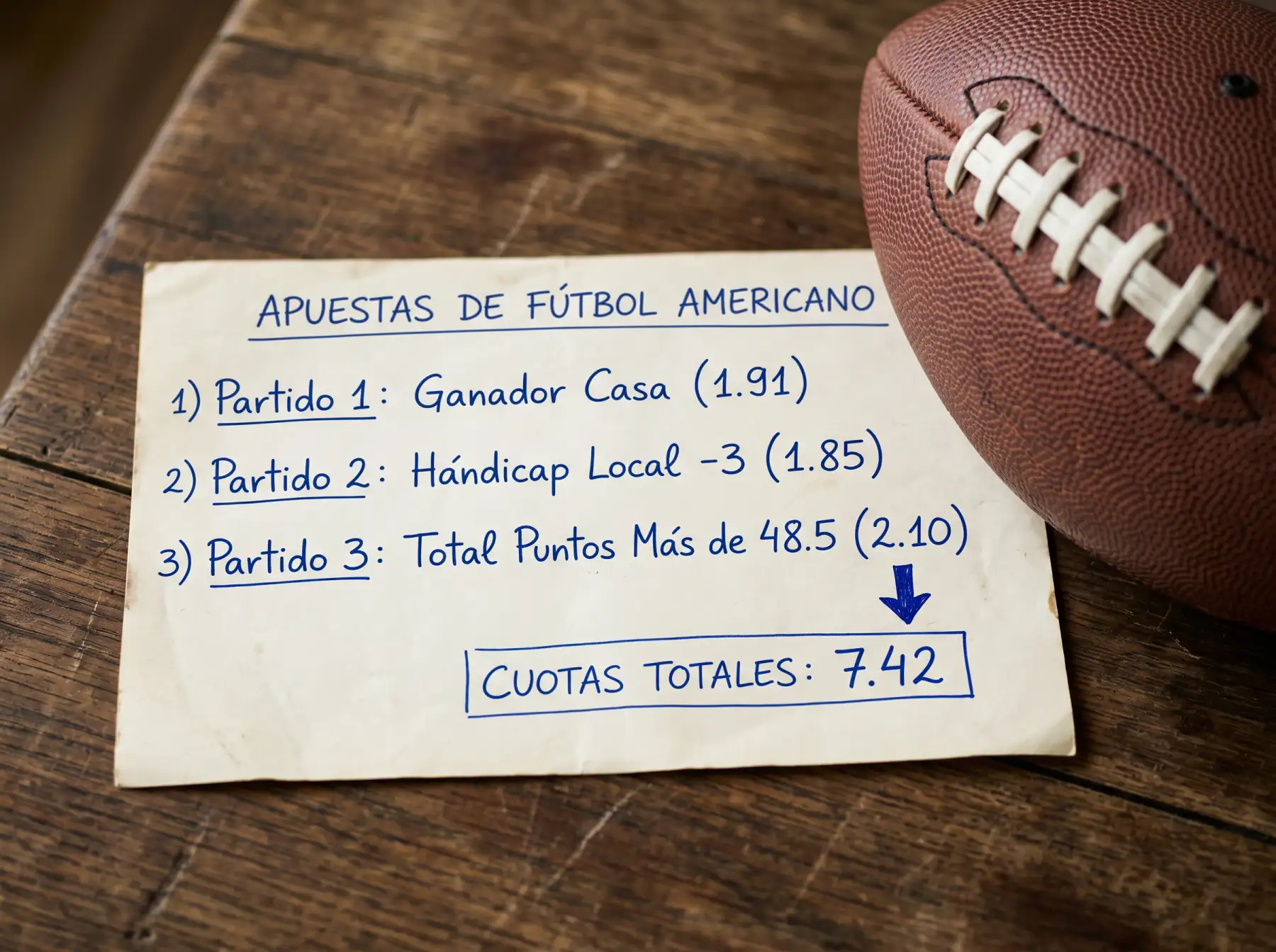 Boletín de apuesta combinada NFL con varias selecciones y cuota multiplicada