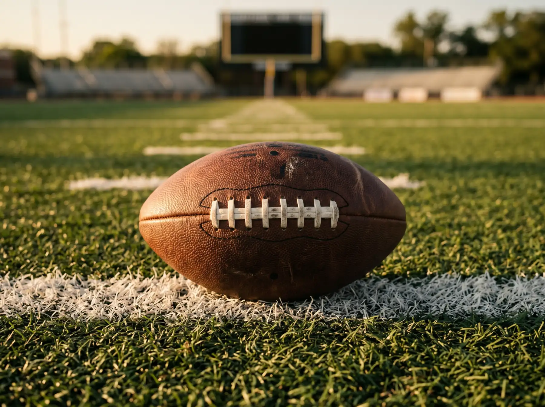 Balón de fútbol americano sobre la línea de yardas de un campo verde con luz lateral cálida