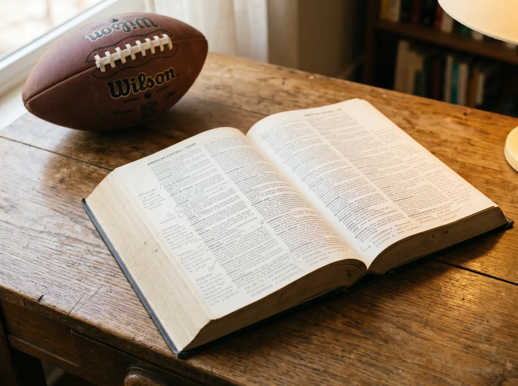 Diccionario abierto sobre escritorio con términos técnicos de apuestas NFL anotados