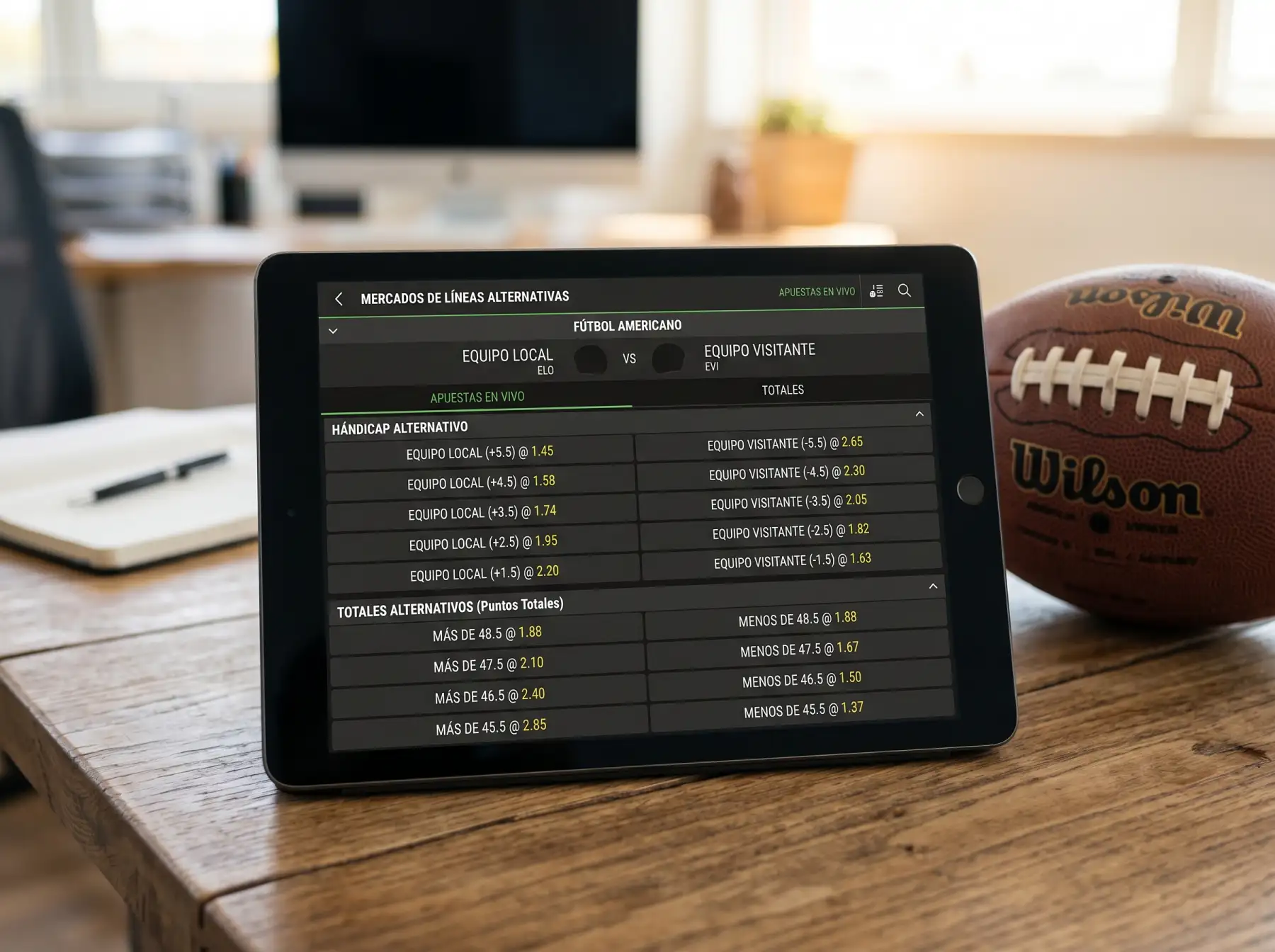 Tabla de cuotas con líneas alternativas de spread y total NFL mostrando precios diferenciados por punto comprado o vendido