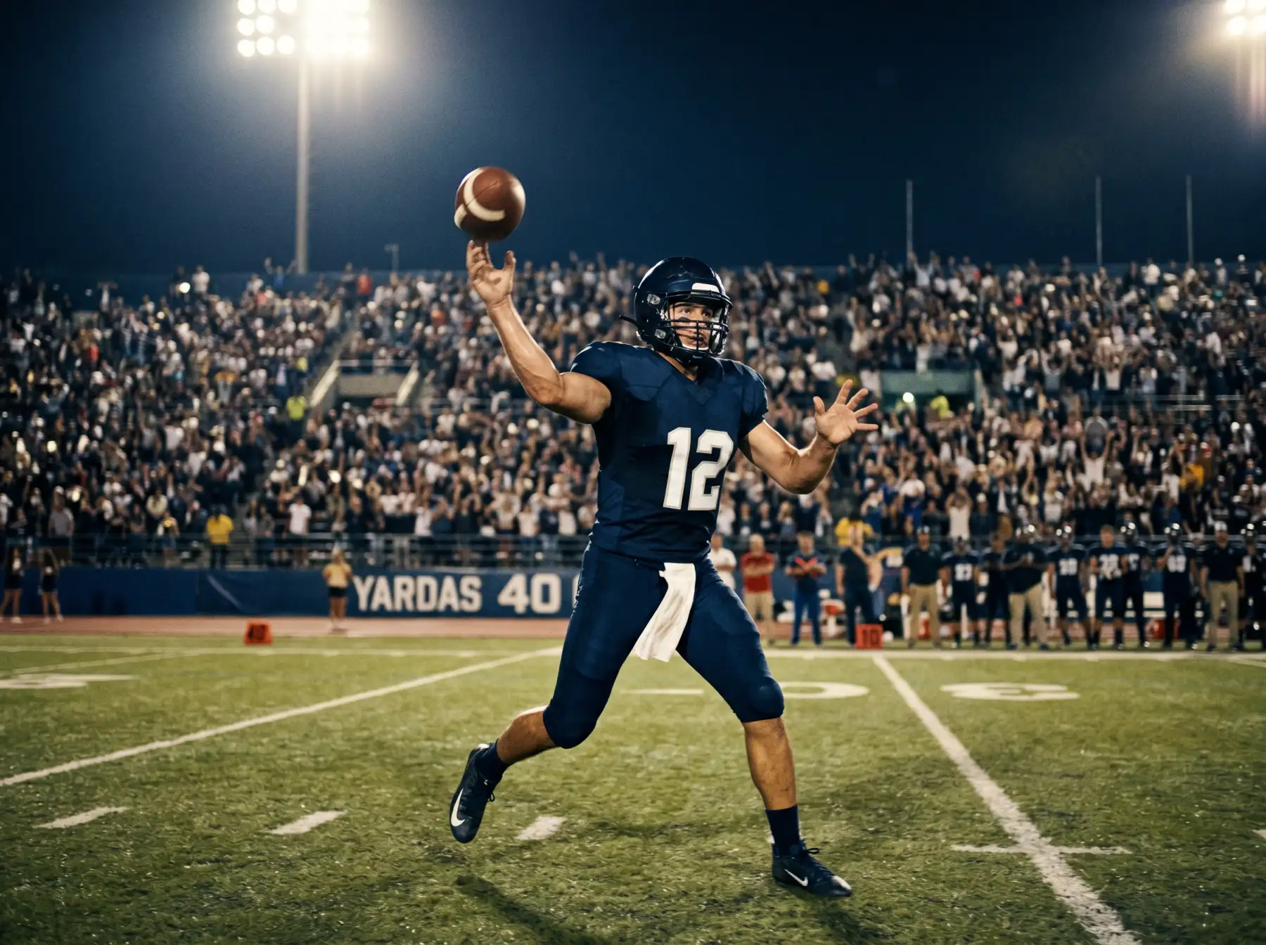 Quarterback de fútbol americano lanzando un pase largo bajo focos de estadio nocturno