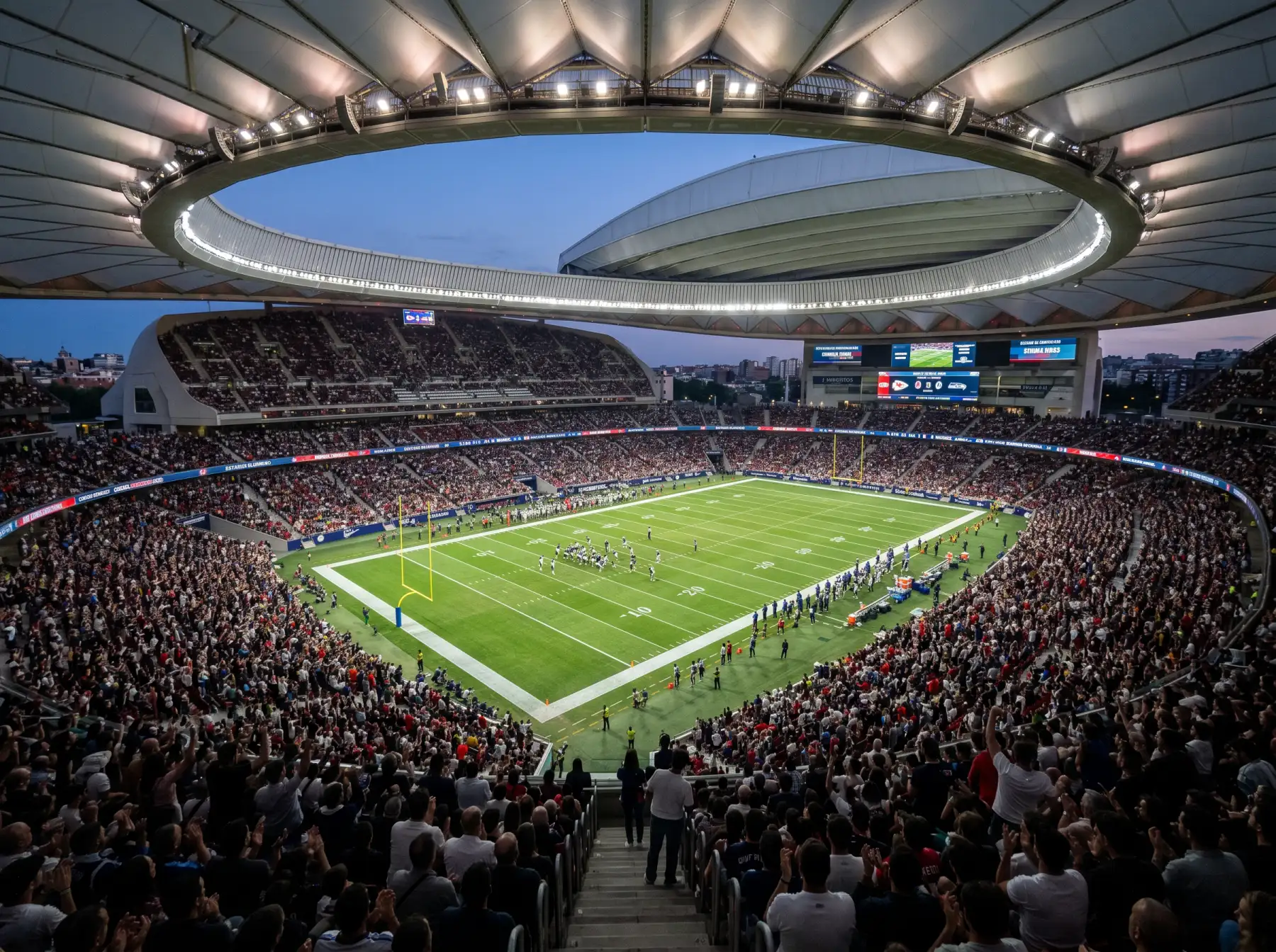Estadio Santiago Bernabéu preparado para el Madrid Game NFL con aficionados y cuotas en pantalla