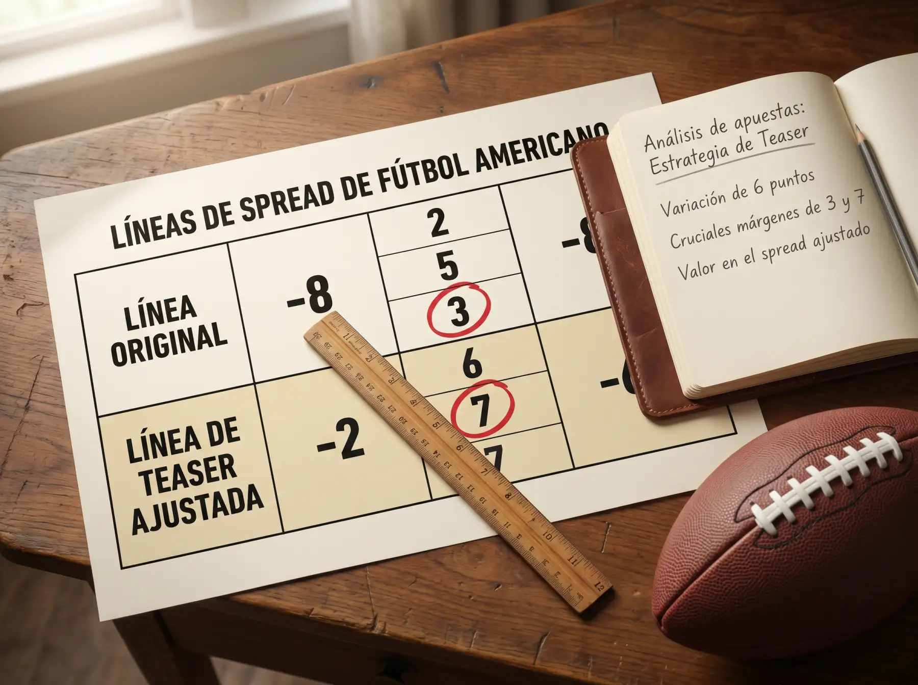 Tabla de teaser NFL con spreads ajustados 6 puntos cruzando los key numbers 3 y 7